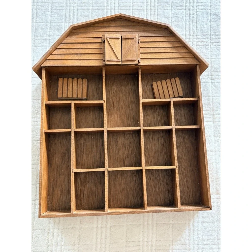 Vintage Wooden Shelf Barn Shaped Knick Knack Curio Display Wall Hanging 18x16